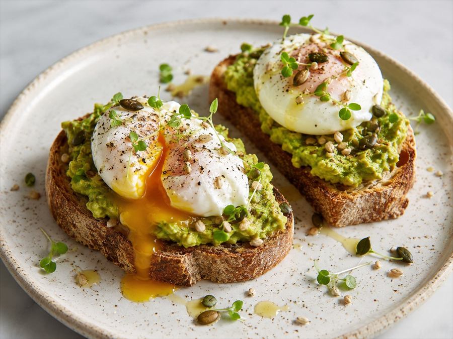 Pan tostado con palta molida y huevo pochado
